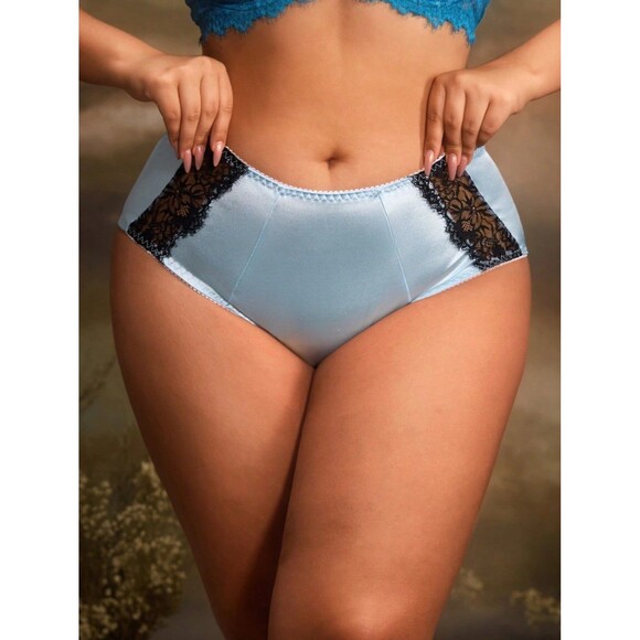 Blue Satin Briefs Panties with Lace Trim by Space Kitten Boutique, Size 4XL - Picture 6 of 7